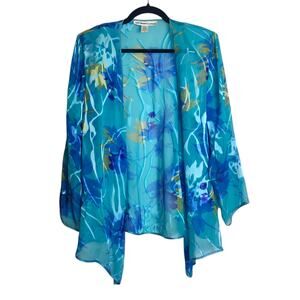 Aliki Yamani Sheer Silk Blend Artsy Blue Floral Flocked Kimono Medium Resortwear